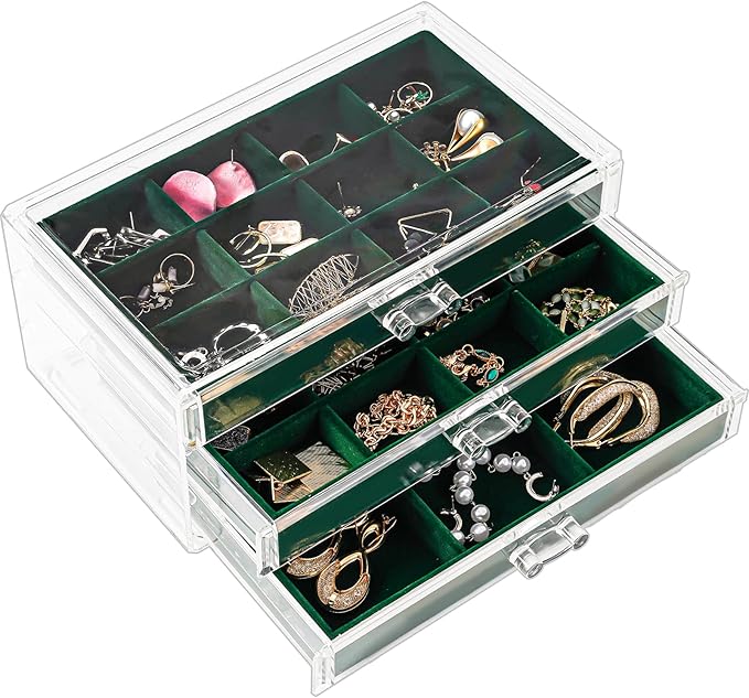 ProCase Earring Holder Organizer Jewelry Box with 3 Drawers, Acrylic Clear Earring Case with Adjustable Velvet Trays for Wome