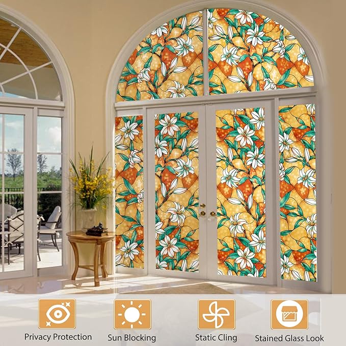 Coavas Decorative Window Privacy Film, Heat Control Sun Blocking Stained Glass Window Film, Floral Design Static Cling, Non Adhesive Windows Tint for Bathroom Front Door(Vinyl, 35.4" x 78.7 ")