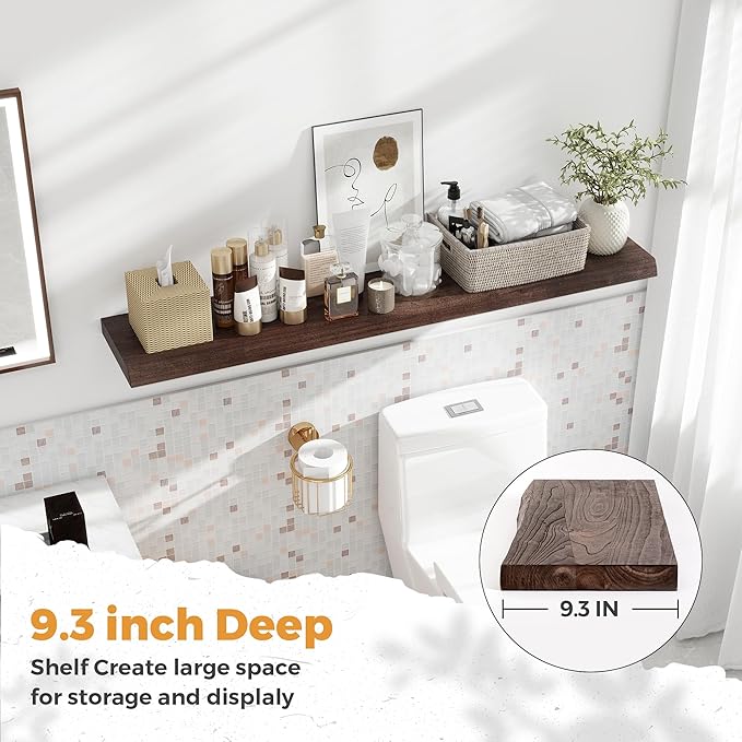 RICHFOCUS Live Edge Elm Floating Shelves - 48" W x 9.3" D Rustic Solid Wood Wall Shelves with Invisible Bracket, Wall-Mounted