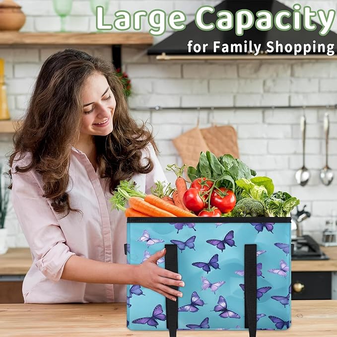 Reusable Grocery Bags Heavy Duty Shopping Bags Foldable Large Tote Bags with Long Handles & Hard Bottom