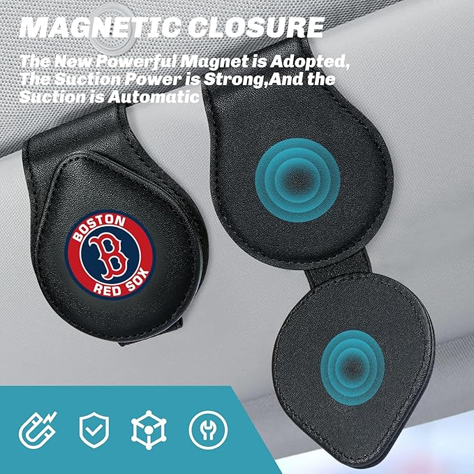for MLB Boston Red Sox Car Visor Sunglass Holder - Black Leather Eyeglass Case with Team Logo, Clip-On Sun Visor Organizer for Auto Interior, Boston Red Sox Gifts