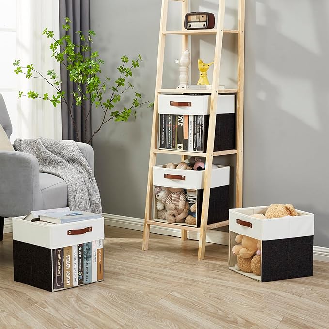 Bagnizer Storage Cubes, 4 Pack Linen Foldable Storage Bins (13 x 13 inch) with Clear Window and Handles, Fabric Organizer for
