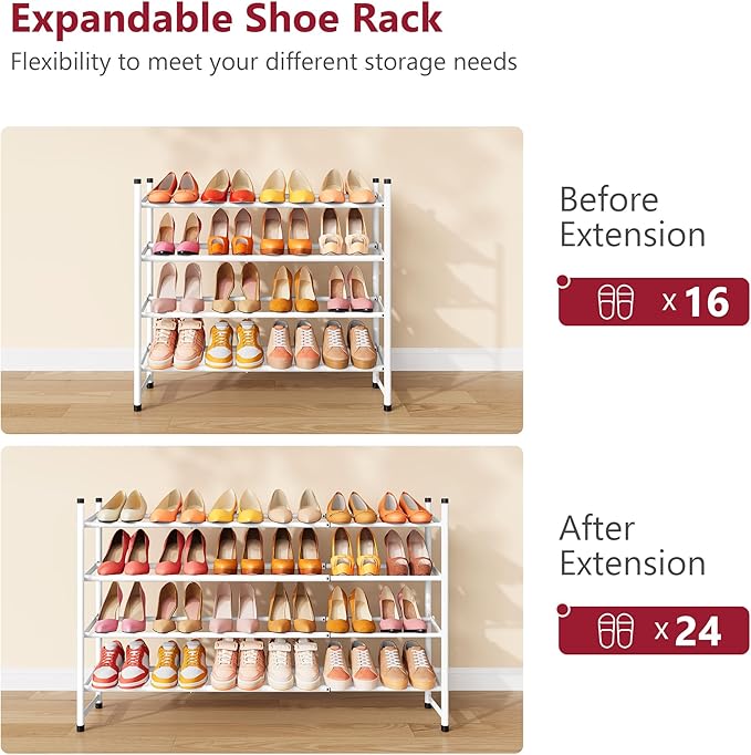 Tajsoon Expandable Shoe Rack for Closet 4 Tier, 29“-41“Adjustable & Stackable Shoe Shelf Storage, Metal Shoe Rack Organizer f