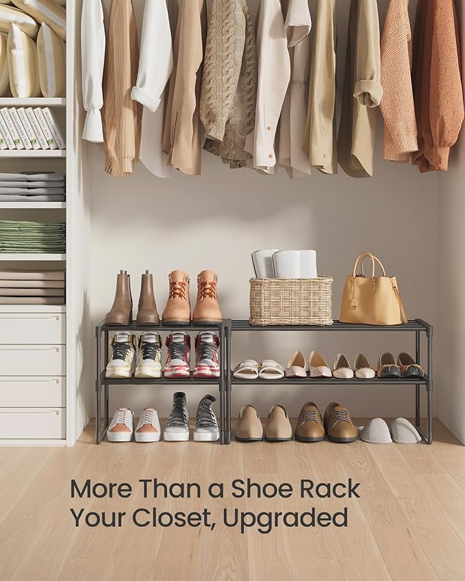 SONGMICS Shoe Rack, 2-Tier Shoe Organizer, Metal Storage Shelf, Upright or Upside Down, for 3-6 Pairs, Stackable, for Entrywa
