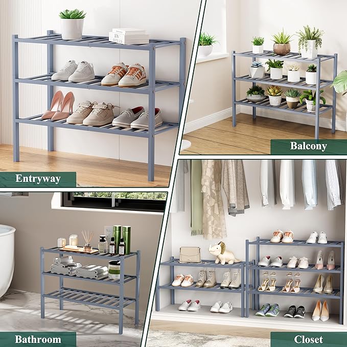 Smiry Shoe Rack, 3 Tier Small Bamboo Shoe Organizer, Stackable Free Standing Wooden Shoe Storage Shelf for Closet, Entryway, 