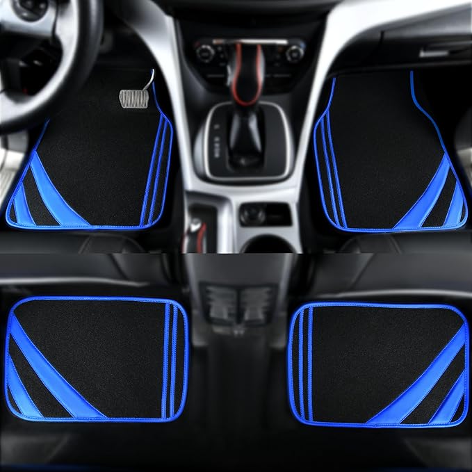 CAR PASS Faux Leather Car Mats Blue Edge Waterproof Car Floor Mats Car Carpet Mats 4 Pieces with Double Stitch Line Anti-Slip