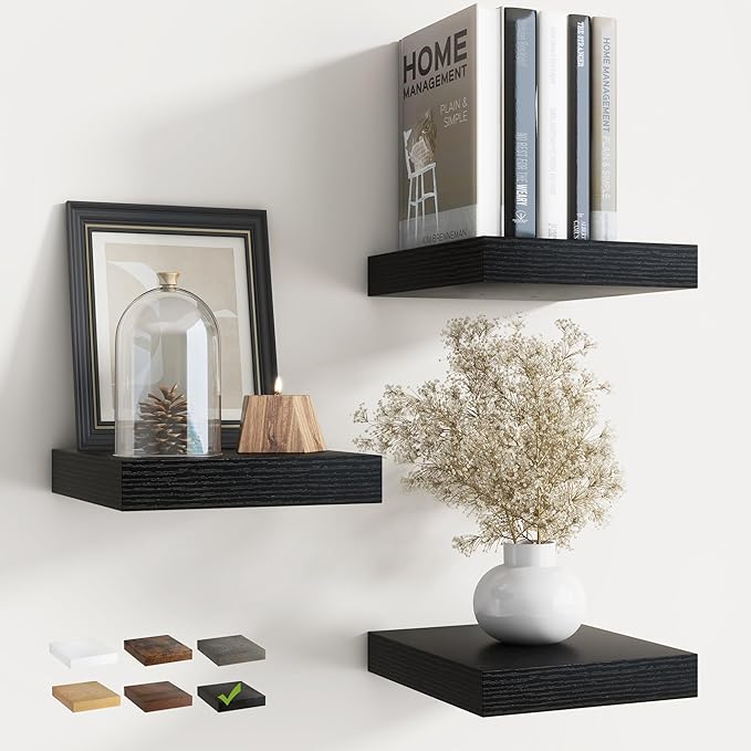 8 Inch Square Floating Shelves for Wall 3 Pack, 8"D Wood Grain Bathroom Shelves with Invisible Brackets, Easy Install Enginee