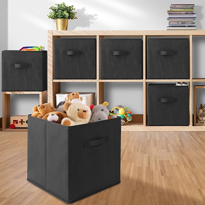 Casafield Set of 6 Collapsible Fabric Cube Storage Bins, Black - 13" Foldable Cloth Baskets for Shelves, Cubby Organizers & M