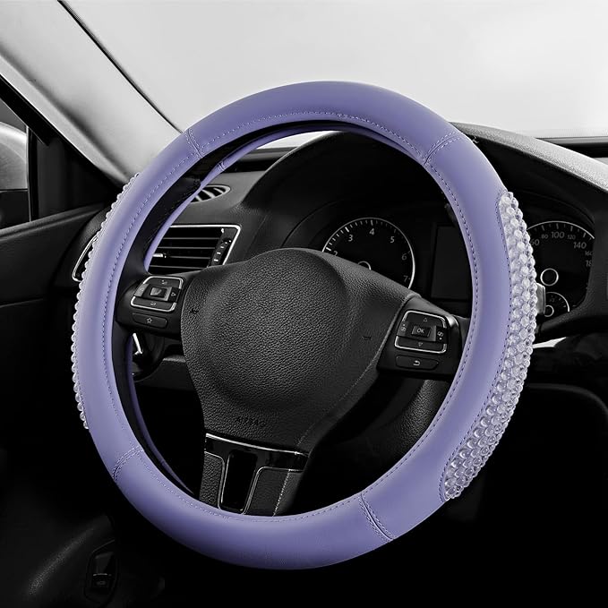 PIC AUTO Steering Wheel Cover, Glitter Gel Particles & Purple Luxury Leather Car Steering Cover, Universal Fit 14.5"-15.5" An