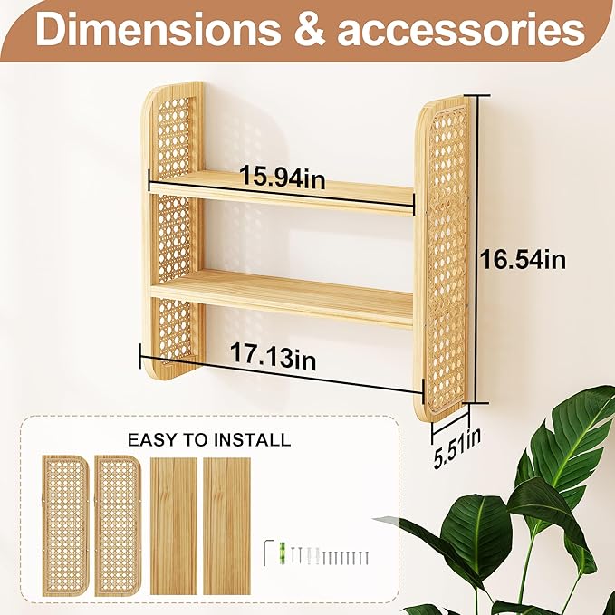 Natural 2-Tier Rattan Shelf - Wall Mounted Woven Boho Shelves, Handmade Rattan Display Shelf for Entryway, Nursery, Kitchen, 