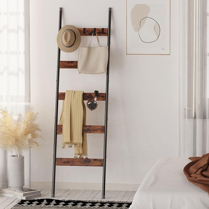 Blanket Ladder, 5-Tier Towel Holder with 4 Removable Hooks, Farmhouse Wall Leaning Decorative Rack Shelf, Wooden Towel Displa
