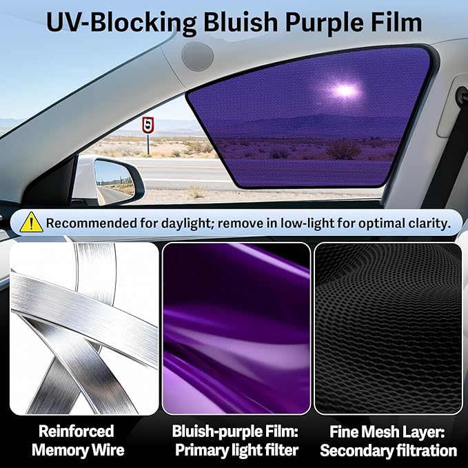 ZATOOTO Tesla Model Y Juniper 2020-2026 Front Window Shade for Driver & Passenger, Bluish-Purple Static Cling Car Window Shades | Block Harsh Sunlight | Sun Shade UV Blocker with Storage Bag