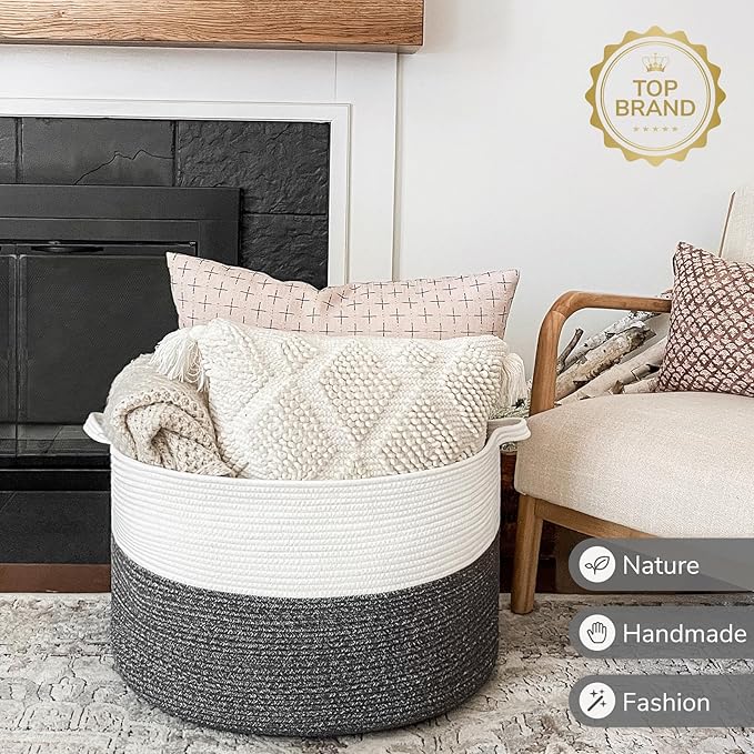 INDRESSME XXXLarge Cotton Rope Basket 21.7" x 21.7" x 13.8" Woven Baby Laundry Baskets Blanket Basket Toy Baskets with Handle