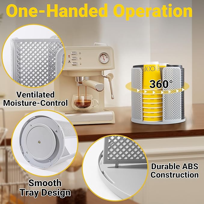 4-Compartment Rotating Paper Cup Holder & Coffee Cup Lid Storage Dispenser, Plastic Cup Dispenser Removable, Space-Saving Cou