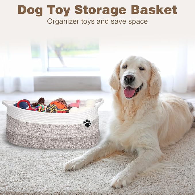 Optish Dog Toy Basket, Toy Box and Bin for Dog Cat Storage, 19.7" X 11" X 7.9" (30L) Large Woven Rope Basket for Blanket Stor