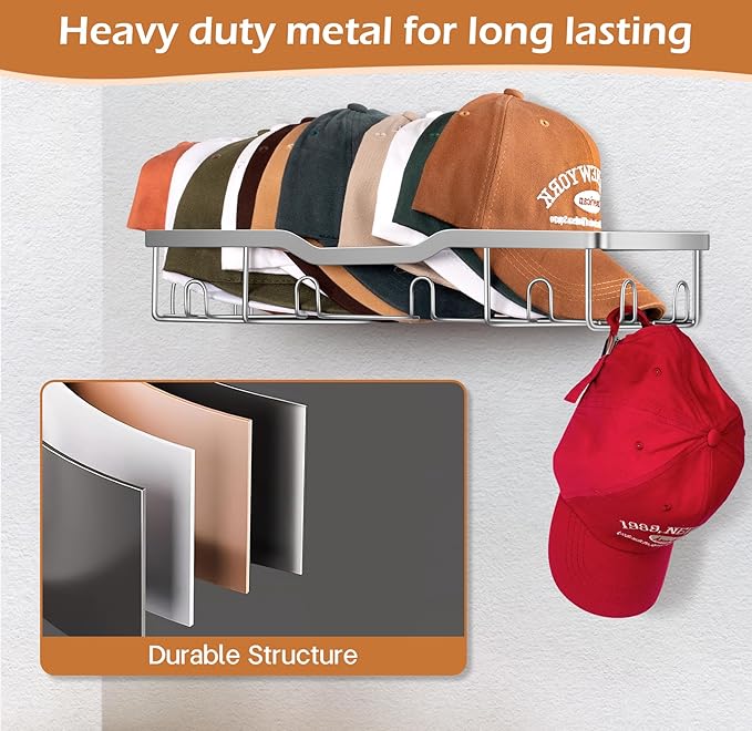 KEETDY Metal Hat Racks for Baseball Caps Wall Hat Organizer Fit 48 Caps Holder, 2 Packs Sturdy Wall Mounted Snapback Storage 