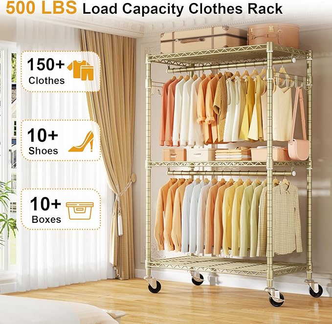 ULIFHOME P1 Rolling Clothes Rack, Portable Wardrobe Closet with Wheels, Heavy-Duty Closet Clothing Rack for Hanging Clothes, 