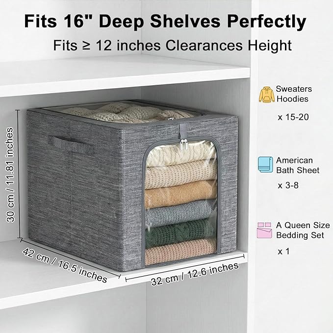 GoMaihe Clothes Storage Bin with Metal Frame: 6-Pack Stackable Closet Storage Bin with Lid & Clear Window, Sweater Boxes Stor