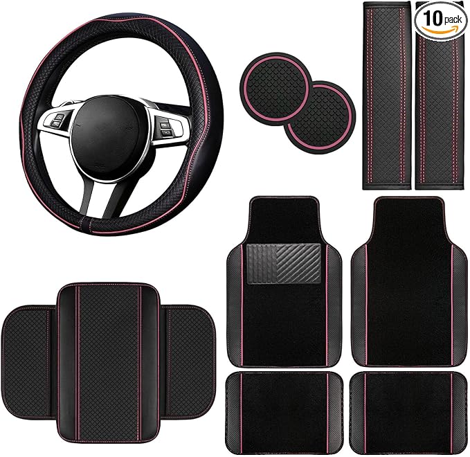 NBTEPEM 10 Pcs Car Floor Mats Full Set Car Accessories, Microfiber Leather Steering Wheel Covers 14.5-15 inch, Center Console Cover, Seat Belt Pads, Cup Coasters, Universal Interior Decor(Pink)