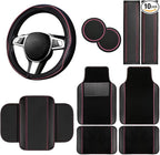 NBTEPEM 10 Pcs Car Floor Mats Full Set Car Accessories, Microfiber Leather Steering Wheel Covers 14.5-15 inch, Center Console Cover, Seat Belt Pads, Cup Coasters, Universal Interior Decor(Pink)