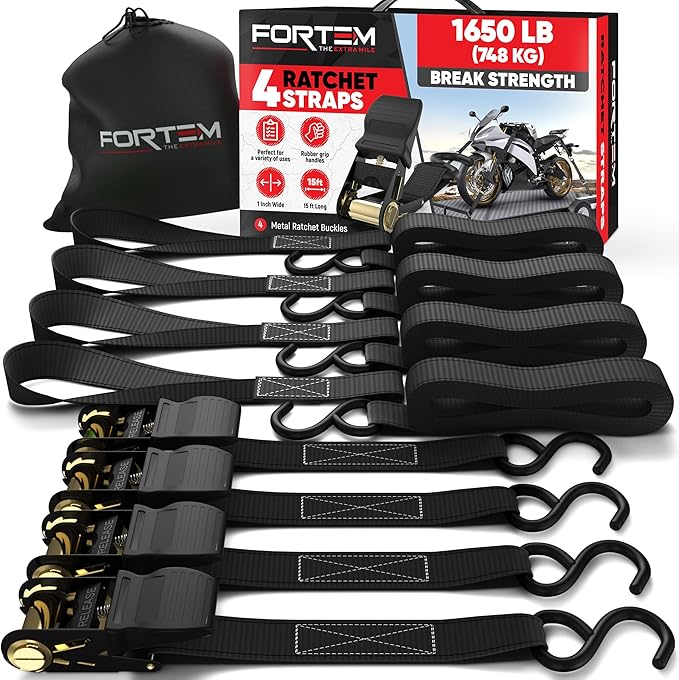 FORTEM Ratchet Straps, Tie Down Strap Set 1650lb Break Strength, 4 Pack 15ft x 1in, 4 Soft Loops, Moving Straps Tie Downs, Cargo Cam Buckles for Trucks, Carry Bag, for Men