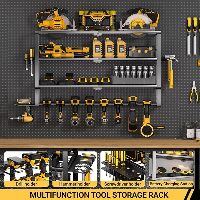 YYR Large Power Tool Organizer Wall Mount, Heavy Duty Metal Cordless Drill Storage Rack with Battery Charging Station Shelf, 