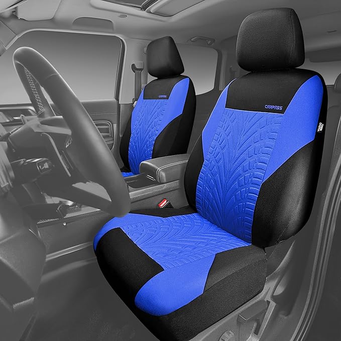 CAR PASS Car Seat Covers Two Front Only for Car, 3D Tyre Print Automotive Interior Covers, Airbag Compatible, Quick Setup Uni