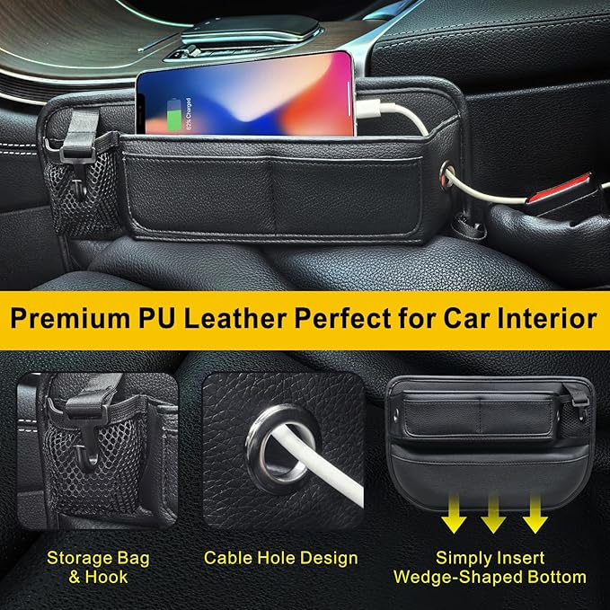 2 Pack Car Seat Gap Filler Organizer for SUV Truck Universal PU Leather Storage Box with Seats Belt Holder Automotive Consoles Side Gaps Small Things Catcher Auto Essentials Accessories for Women Men