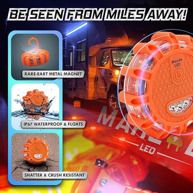 Marcala 3-Pack Emergency Lights for Vehicles | DOT Compliant Emergency Flares for Car with Batteries, Whistle & Case | LED Ro