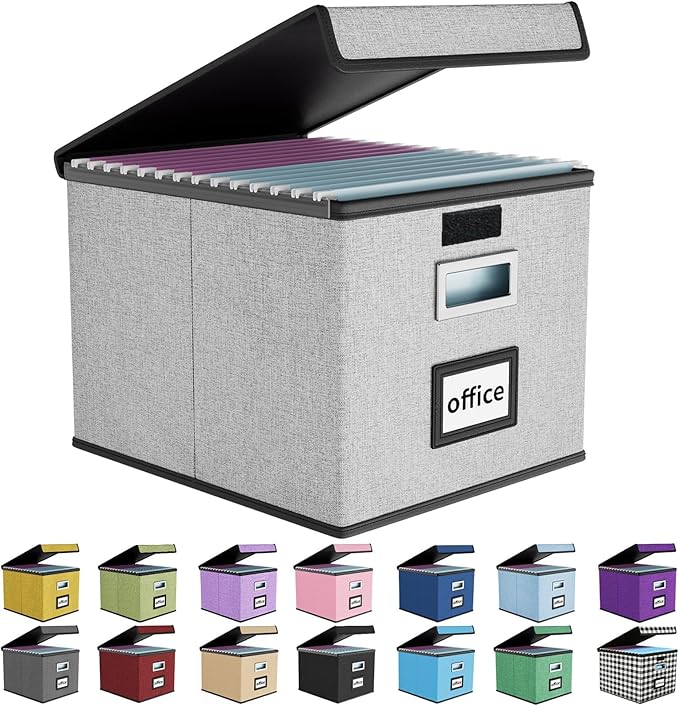 Huolewa Upgraded Portable File Organizer Box with Lid, Collapsible Linen Hanging Filing Storage Boxes with Plastic Slides, De