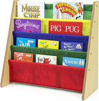 Humble Crew 4-Tier Kids Bookshelf, Natural Wood/Primary - Premium Book Shelf for Kids Rooms with Four Deep Pockets - Toddler 