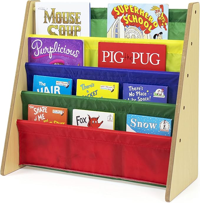 Humble Crew 4-Tier Kids Bookshelf, Natural Wood/Primary - Premium Book Shelf for Kids Rooms with Four Deep Pockets - Toddler 