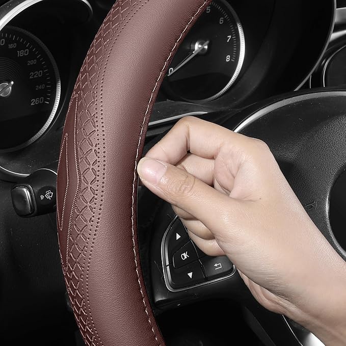 Red Rain Brown Steering Wheel Cover Universal Car Steering Wheel Cover 15inch Cowhide Wheel Cover for Car SUV Truck Size M (C-Brown-M)