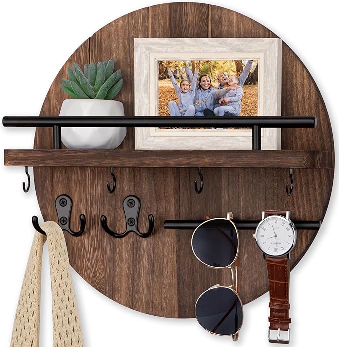 Nekon Key Holder Wall Mount, 11.8 Inch Rack With Shelf and 6 Hooks, Rustic Mail Organizer, Circular Wooden Hanger for Entrywa