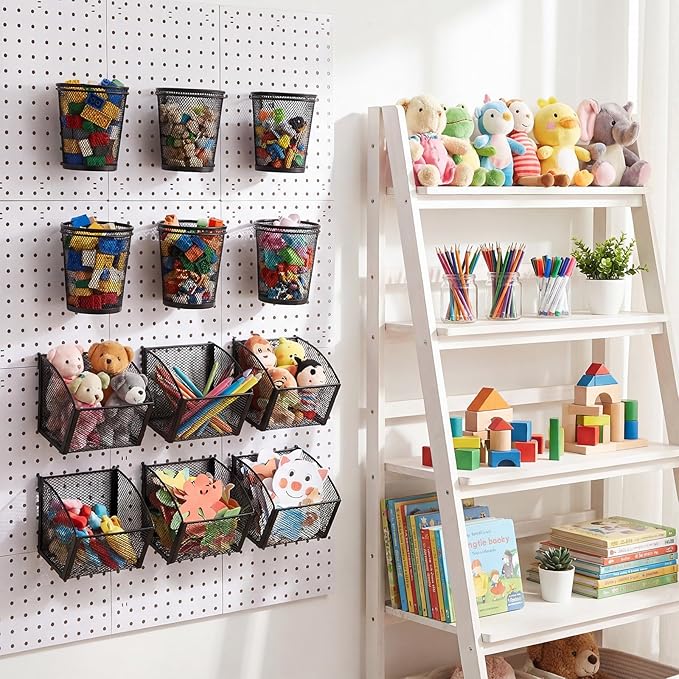 6 Set Pegboard Accessories Wall Organizer Peg Board Baskets and Cups Black Metal Pegboard Baskets and Wire Mesh Cup with Ring