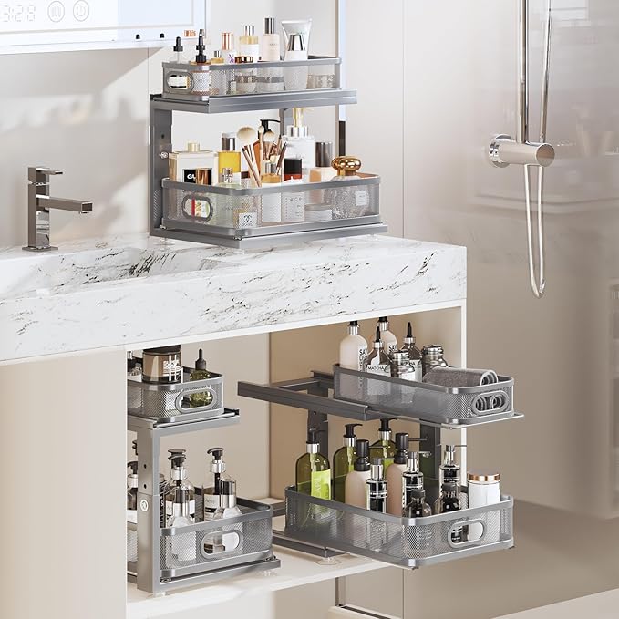 2 Pack 15.5IN-Depth Under Sink Organizer With Next-Gen Ball-Bearing Slides,2-Tier Precision Mesh Pull Out Cabinet Storage for