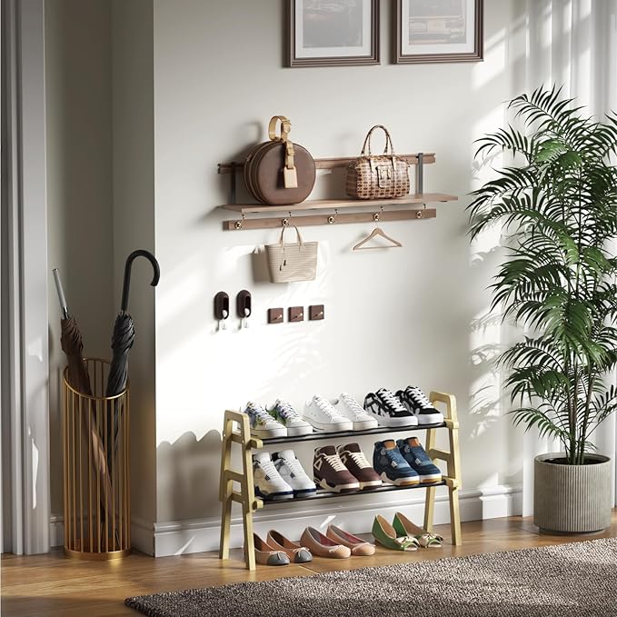 2-Tier Stackable Bamboo Shoe Rack, Free Standing Shoe Storage Organizer for Entryway, Closet, Doorway - Natural Wood Shoe She