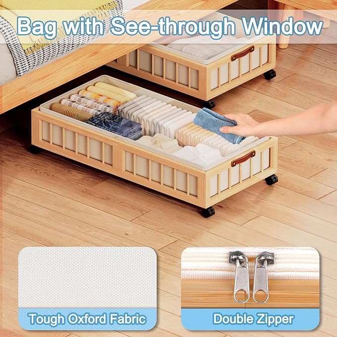 efluky 2-Pack Bamboo Under Bed Storage with Wheels, Rolling UnderBed Storage Basket with Large Dust Bag, Under Bed Storage Co