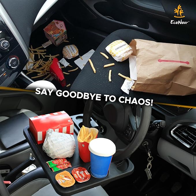 EcoNour 4 in 1 Car Steering Wheel Tray - 2026 Upgraded Tray with Dual Sauce Dip Holder and Tablet Holder | Spacious Steering Wheel Desk for Food and Laptop | Car Accessories (Large)