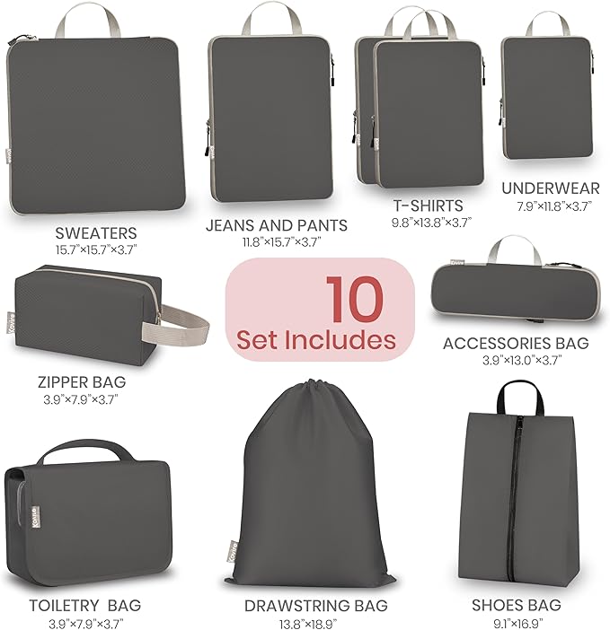 Compression Packing Cubes for Travel, Set of 10 Expandable Luggage Organizers with Shoe Bag, Lightweight Water-Resistant Suit