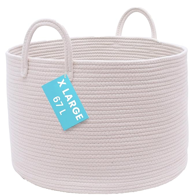 OrganiHaus Large Woven Storage Basket for Blankets and Toys 20" x 13" Inch, Rope Laundry Basket with Handles, Cushions & Pill