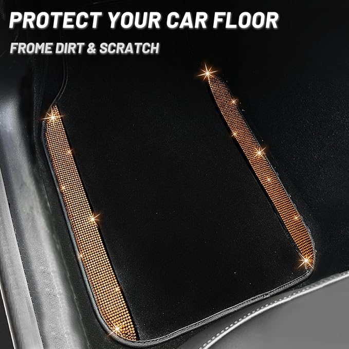 NBTEPEM Bling Car Floor Mats Full Set, Universal Fit Most Cars,SUV, Trucks, 4 pcs Sparkle Glitter Diamond Carpet for Women Girls with Anti-Slip Pad (Orange Diamond)