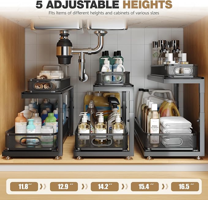 2-Pack 21.3 IN Depth Under Sink Organizer With Next-Gen Ball-Bearing Slides,Sophisticated Mesh 2-Tier Pull Out Shelf for Kitc