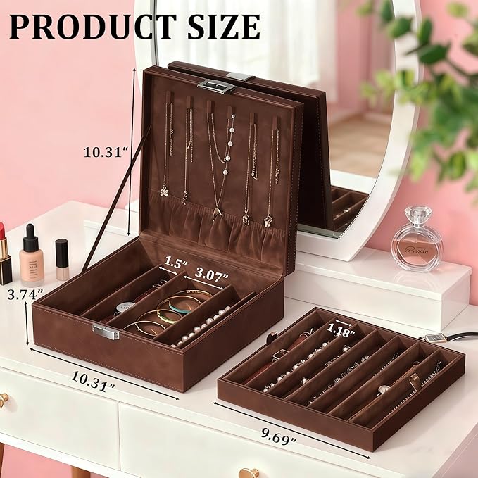 BEWISHOME Jewelry Boxes for Women, 2-Layer Necklace Organizer Box, Modern Style Jewelry Organizers and Storage with Removable
