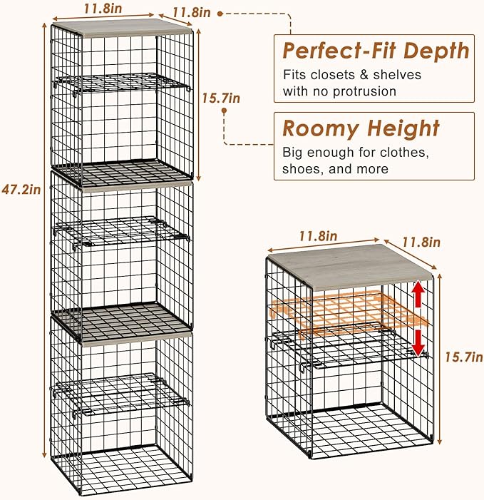 6-Tier Stackable Closet Organizers and Storage Basket, Set of 3 Closet Shelf Organizer with Adjustable Divider & Wood Top Boa