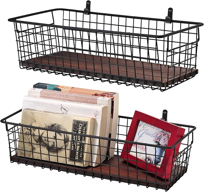 SheeChung 2 Set [Extra Large] Portable Metal Farmhouse Wall Decor Storage Organizer Basket Bin with Handles & Floating Shelve