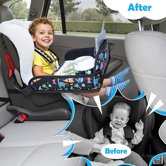 2Pcs Kids Travel Tray for Toddler Carseat, Road Trip Activities Essentials for Toddler, Kids Lap Desk Tray with Tablet Holder Stand ＆ Dry Erase Board (Dinosaur-2Pcs)