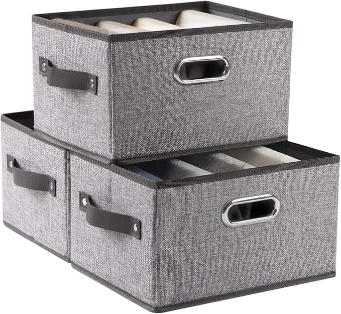 PRANDOM Fodable Storage Bins for Closet [3-pack] Decorative Fabric Storage Baskets Cubes with Leather/Metal Handles for Shelv