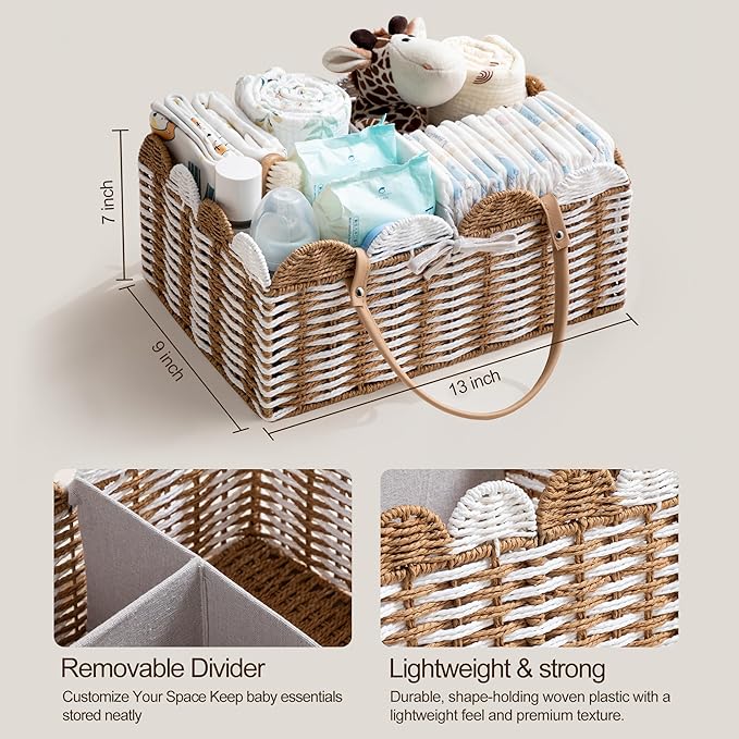 HBlife Baby Diaper Caddy, Paper Rope Storage Baskets Nursery Bin with Removable Divider, Portable Car Organizer for Diapers, 