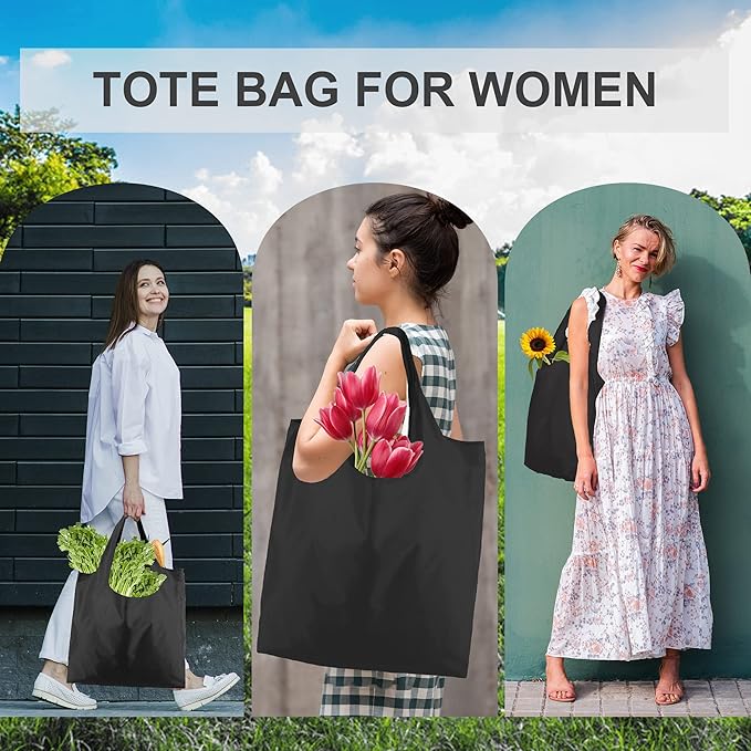 BeeGreen Black Tote Bag Shopping Bags for Groceries & Reusable Grocery Bag Heavy Duty, Large Tote Bag for Women, Foldable 6 Pack Gift Bags With Handles, Cute Cloth Washable for Holiday Travel & Bulk